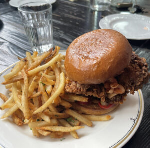 Plate with fried chicken sandwich and fries